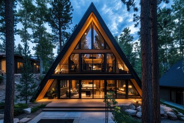 Fototapeta premium A modern A-frame cabin surrounded by trees, featuring large glass windows, warm lighting, and a serene outdoor space.