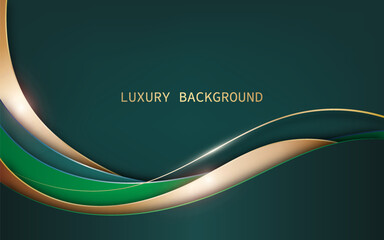Abstract luxury green background  wave curved shapes with golden lines and light glitter effect