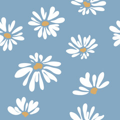 Seamless pattern with daisy flower on blue backgrounds vector. Cute floral print.