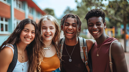 Fototapeta premium Multiracial best friends having fun laughing out loud outdoors - Group of young people enjoying summertime day out - Teenagers joking together in college campus - Friendship conce