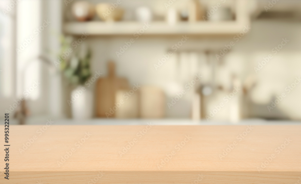 Poster empty of wood table top on blur of white clean abstract and blur interior background with bokeh.used