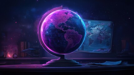 Futuristic Glowing Globe on Desk with Map Background