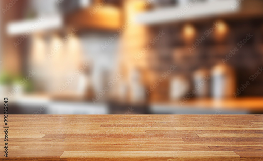 Poster empty of wood table top on blur of white clean abstract and blur interior background with bokeh.used