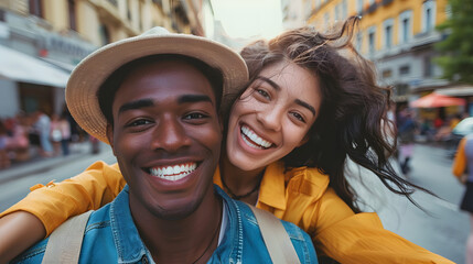 Obraz premium Multiracial couple taking selfie portrait with smartphone mobile outdoor - Asian guy giving a piggyback ride to hispanic girl on city street - Tourism, friendship, youth and weeke
