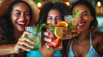 Multiracial friends cheering mojitos at bar restaurant - Young people celebrating happy hour toasting drinks and eating appetizers at tropical cocktail pub - Beverage and youth