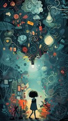 Creative cartoon background with thought-provoking hand-drawn illustrations.