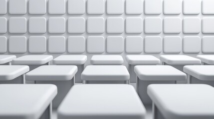 Naklejka premium Minimalist White Classroom Interior Design with Empty Desks and Wall Panels