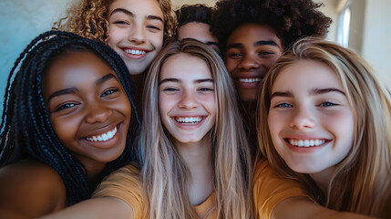 Obraz premium Multiracial friends taking big group selfie shot smiling at camera - Laughing young people standing outdoor and having fun - Cheerful students portrait outside school - Human reso