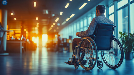 Obraz premium Man in a wheelchair working in a modern office space, demonstrating inclusivity, accessibility, and professional determination in a business environment