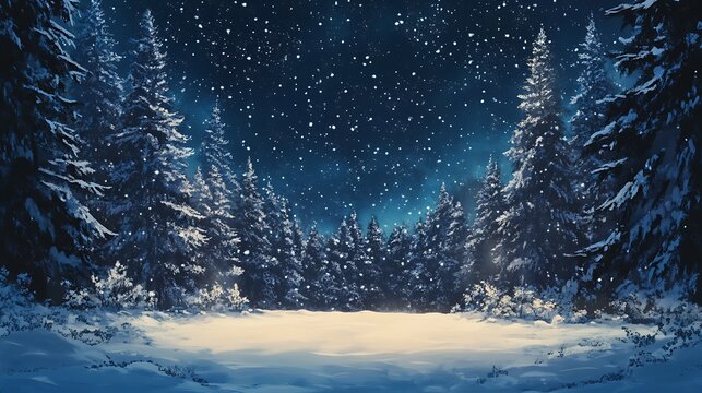 Christmas theme snowy weather with pine trees and snow with starry sky above, cold winter chill air