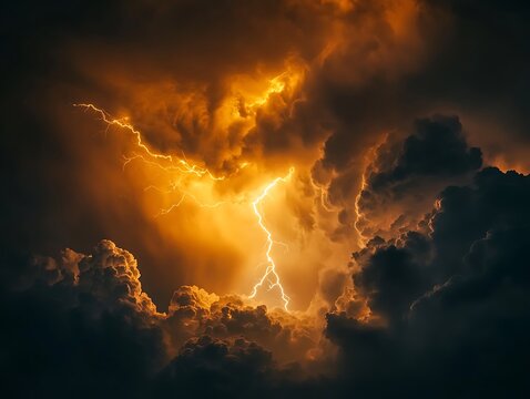 Orange thunderstrike between clouds landscape, might lightning strike in stormy weather