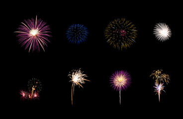 Fototapeta premium Variety of colorful fireworks isolated on black background