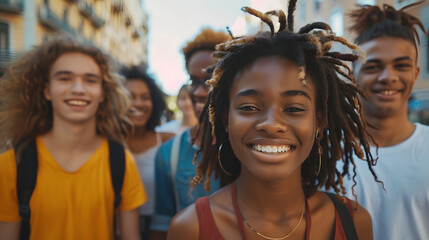 Fototapeta premium Multiracial group of young people standing in circle and smiling at camera - Happy diverse friends having fun hugging together - Low angle view
