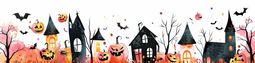 Halloween pumpkins and haunted houses on a white background banner with a copy space area.