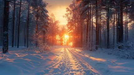 winter sunset in the forest Park 