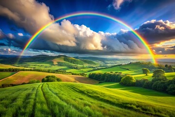 Obraz premium Vibrant Rainbow Arcing Across a Clear Sky Over Lush Green Fields and Rolling Hills in Nature