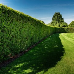 Obraz premium Well-maintained green hedge with a perfectly manicured lawn under a clear blue sky, showcasing a serene garden landscape.