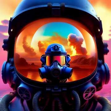 Im Visir eines Astronautenhelmes sieht man eine Atomexplosion. Der Supergau, oder auch: Armageddon.