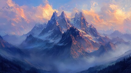 Majestic Mountain Range with Snowy Peaks and Morning Mist