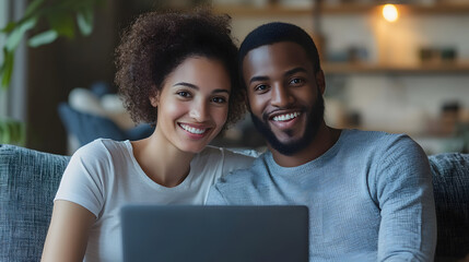 Multiracial young couple watching computer laptop sitting on the sofa at home - Happy diverse husband and wife using pc online services - Technology life style concept