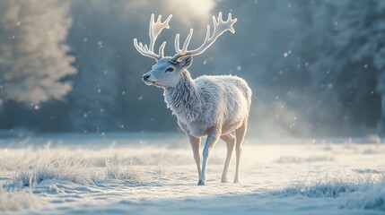 A deer with antlers made of crystalline ice, its fur sparkling with frost, walking gracefully through a snowy landscape