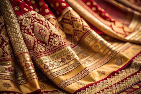 Cotton saree in gold, maroon, red, and cream colors on eye level angle