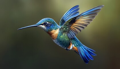 Obraz premium A hummingbird with electric blue wings and golden stripes running down its back, glowing slightly as it hovers