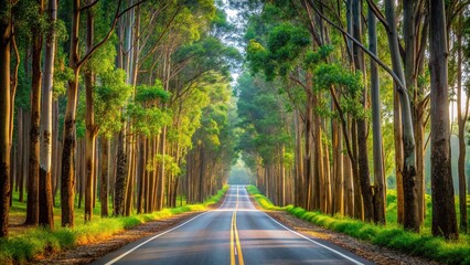Naklejka premium Country road with rubber trees and eucalyptus trees
