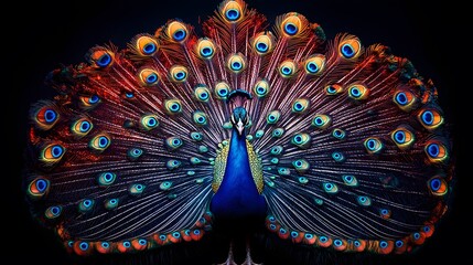 A peacock with iridescent, holographic tail feathers, reflecting a rainbow of colors as it elegantly fans them out