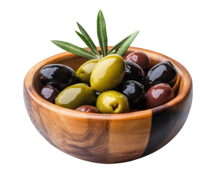 Fresh mixed olives in a wooden bowl with leaves, isolated on transparent cutout background - Powered by Adobe
