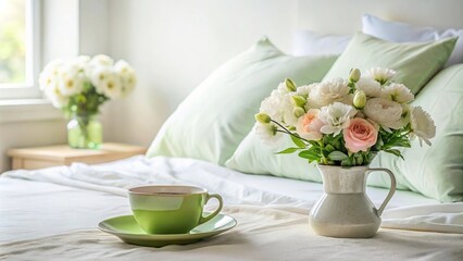 Cozy bedroom with green tea cup and flowers on bed