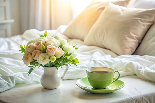 Cozy bedroom with green tea cup and flower bouquet on white bed