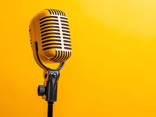 Yellow microphone inside an studio with yellow background, audio recording and podcast equipment