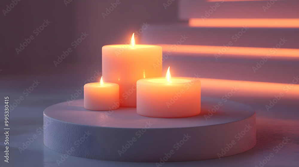Poster 3d candle podium concept: elegant podium design with soft glow candle symbolizing warmth and light, 