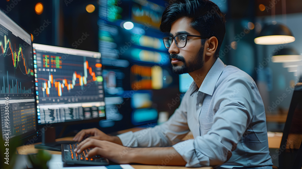 Poster portrait of a south asian financial securities trader working on desktop computer in a modern office