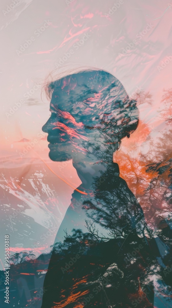 Poster double exposure lofi background with abstract visuals.