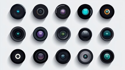 Camera lens icon collection in flat design, black camera lens symbols.