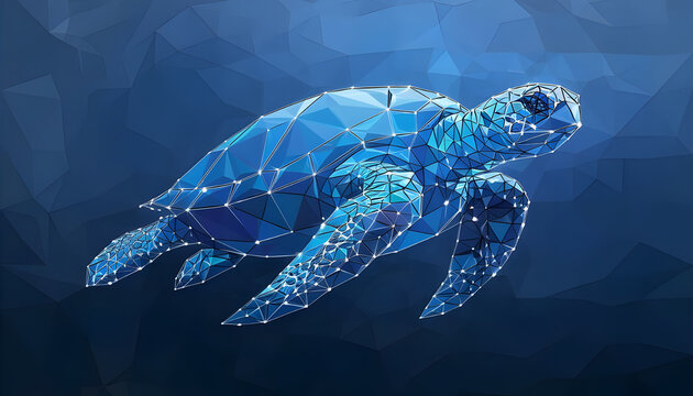 Abstract swimming sea turtle in polygons on technology blue background. Low poly wire frame marine life concept. Polygonal 3D vector illustration. High resolution