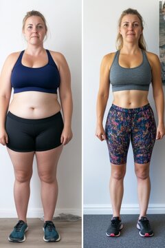 A before and after transformation photo of a woman showcasing significant weight loss and improved fitness. This image represents progress, health, and the dedication required for body transformation.