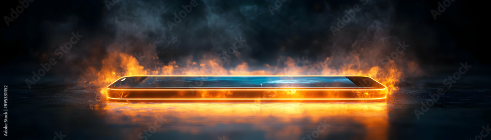 Poster holographic device frame concept: showcase glowing edges of a smartphone or tablet with open center 
