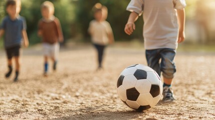 Children playing soccer on a sunny day outdoors.