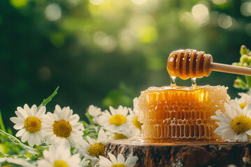 wooden Honey comb for loaded honey in beautiful garden generated by AI