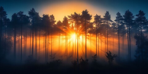 Obraz premium Long trees in a dark forest with background of sunlight in a spooky dark jungle, unique evening landscape