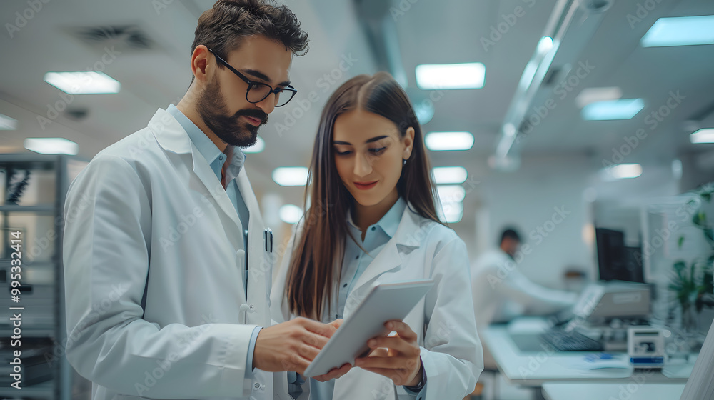 Poster portrait of two creative young female and male engineers using tablet computer to analyze and discus