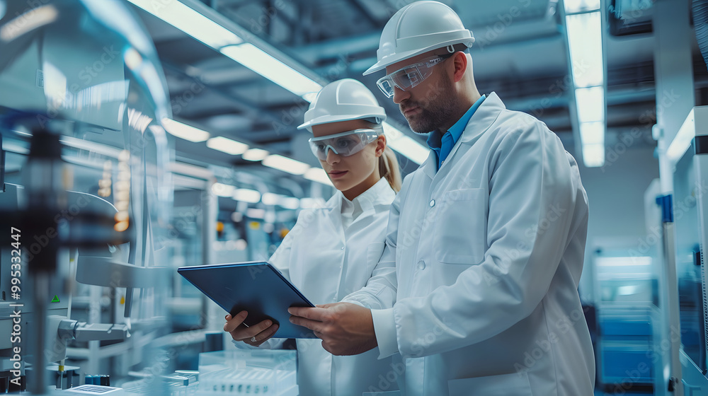 Poster portrait of two creative young female and male engineers using tablet computer to analyze and discus