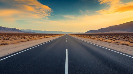 Naklejka premium Long asphalt road passing through beautiful desert surrounded with mountains around and blue cloudy sky
