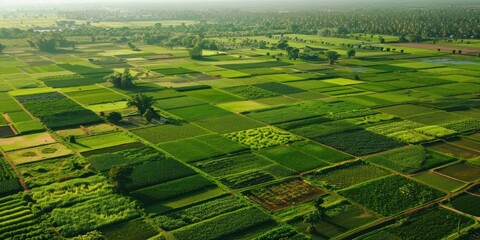 Fototapeta premium Aerial view of lush green farmland with various crops and fields. Photography for design and print. Agriculture and rural landscape concept.