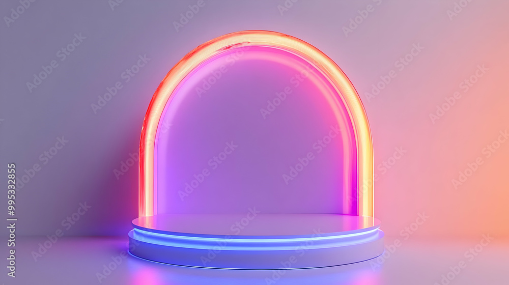 Poster 3d glowing holographic podium design with glossy surface and open front for showcasing awards and in