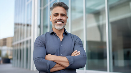 Fototapeta premium Portrait of a confident man standing with his arms crossed in front of a modern office building, smiling and looking at the camera. 