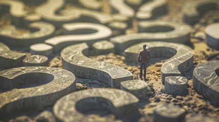 Conceptual image of a miniature figure standing at a crossroads, pondering different paths marked with oversized question marks.